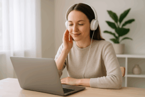 Kvinde i roligt hjemmemiljø foran computer under online metakognitivterapi